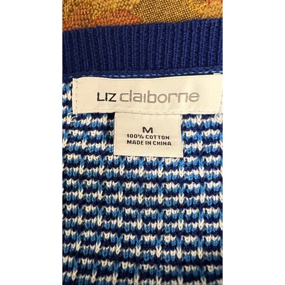 Liz Claiborne Cardigan SZ M Blue White One Button Front Knit Sweater Cotton Navy - Picture 4 of 4